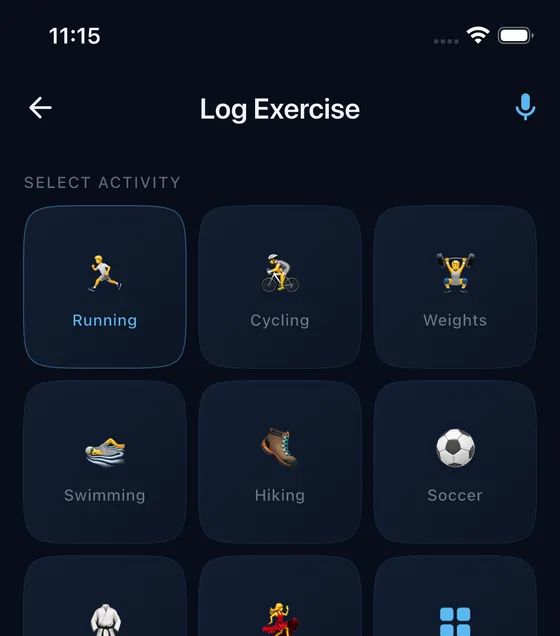 Pantalla de registro de ejercicio en la app JUVENAI: actividad, duración y esfuerzo percibido